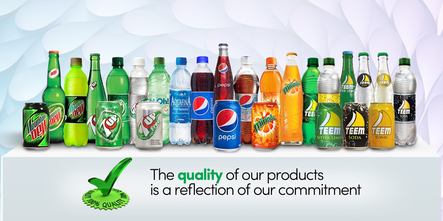 Seven Up Bottling product range including 7UP, Pepsi, Mirinda, Mountain Dew, Aquafina and Teem
